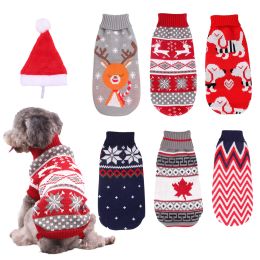 Christmas reindeer maple leaf snowflake festival pet clothes high neck knitting sweater dog cat clothing winter coat (Color: Red puppy)