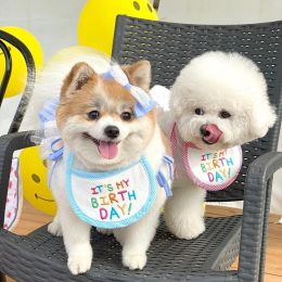 New Happy Birthday Embroidery Dog bib Pet Cat Dog bib Mouth towel (Color: Blue)