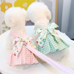 Pet clothes Dog chest back traction rope Teddy cat clothes Pet clothes Plaid plaid chest back skirt (Color: pink)