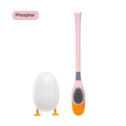 Creative duckling; diving duck; toilet brush; silicone brush; hole free toilet; wall hanging cleaning; 2 brushes (colour: pink)